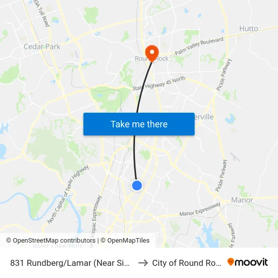 831 Rundberg/Lamar (Near Side) to City of Round Rock map
