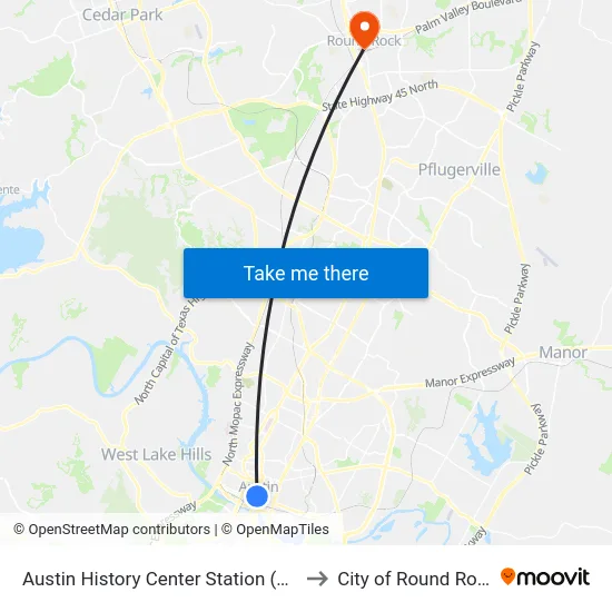 Austin History Center Station (Nb) to City of Round Rock map