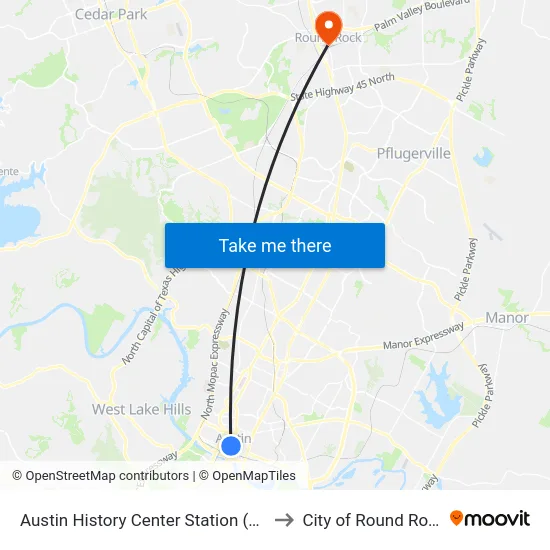 Austin History Center Station (Sb) to City of Round Rock map