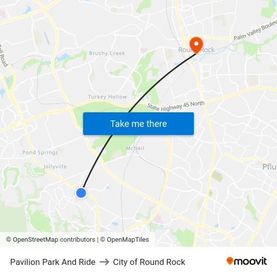 Pavilion Park And Ride to City of Round Rock map