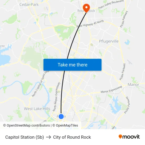Capitol Station (Sb) to City of Round Rock map