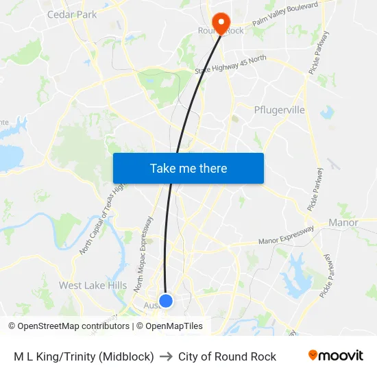 M L King/Trinity (Midblock) to City of Round Rock map