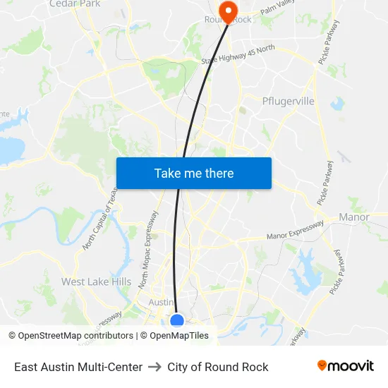 East Austin Multi-Center to City of Round Rock map