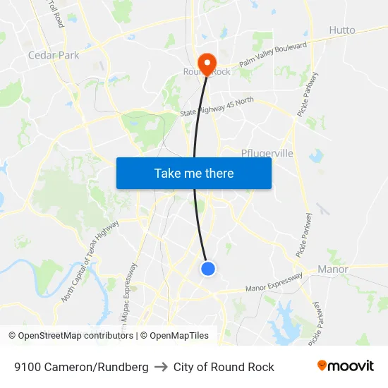 9100 Cameron/Rundberg to City of Round Rock map