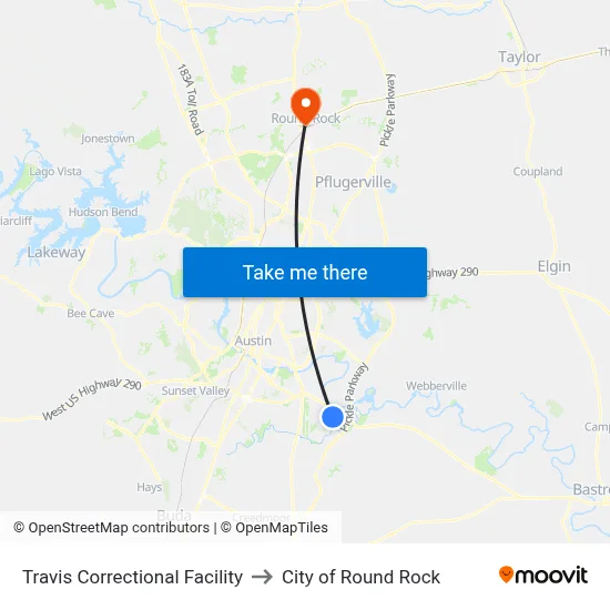 Travis Correctional Facility to City of Round Rock map