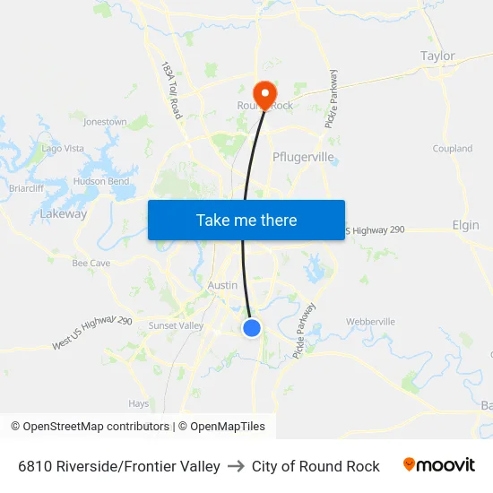 6810 Riverside/Frontier Valley to City of Round Rock map