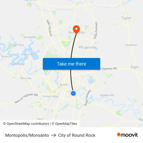 Montopolis/Monsanto to City of Round Rock map