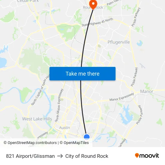 821 Airport/Glissman to City of Round Rock map