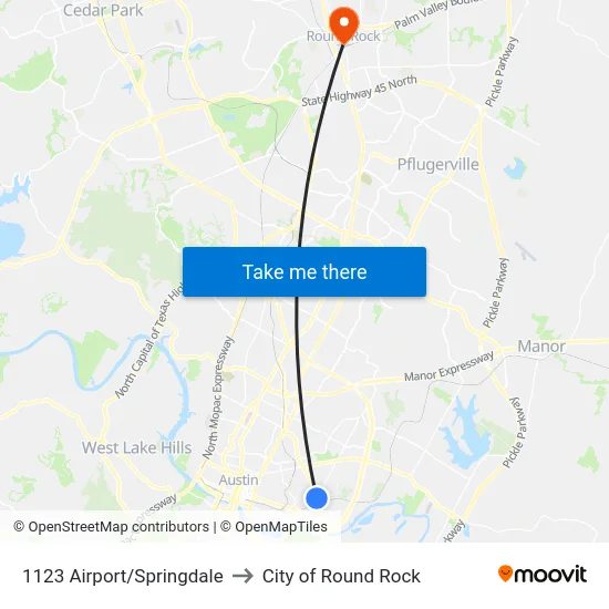 1123 Airport/Springdale to City of Round Rock map
