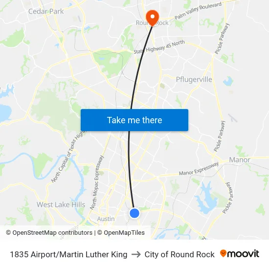 1835 Airport/Martin Luther King to City of Round Rock map
