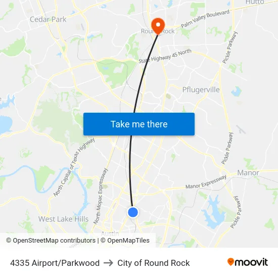 4335 Airport/Parkwood to City of Round Rock map