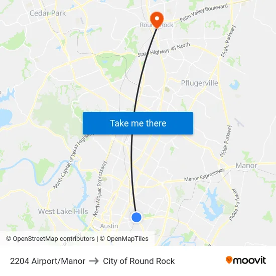 2204 Airport/Manor to City of Round Rock map
