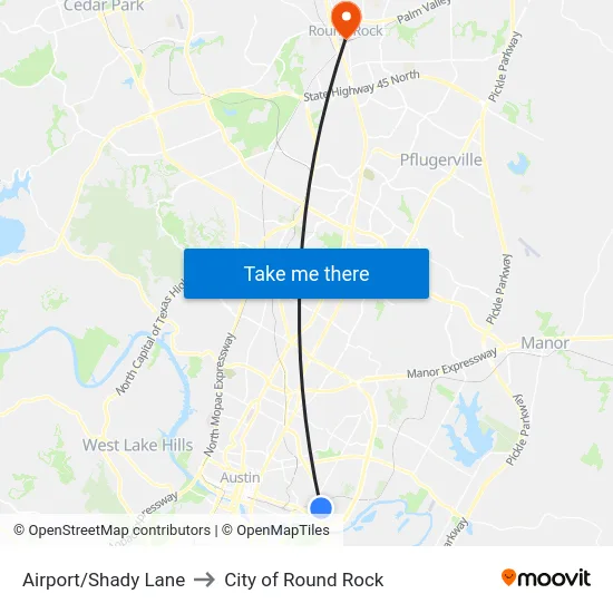 Airport/Shady Lane to City of Round Rock map