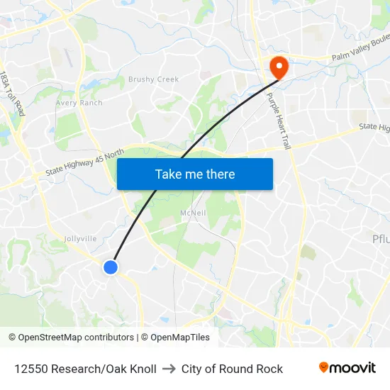 12550 Research/Oak Knoll to City of Round Rock map