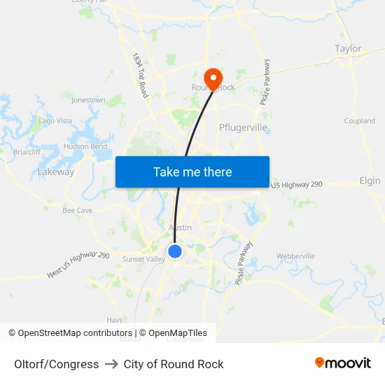 Oltorf/Congress to City of Round Rock map