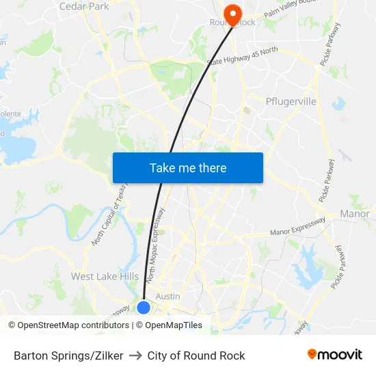 Barton Springs/Zilker to City of Round Rock map
