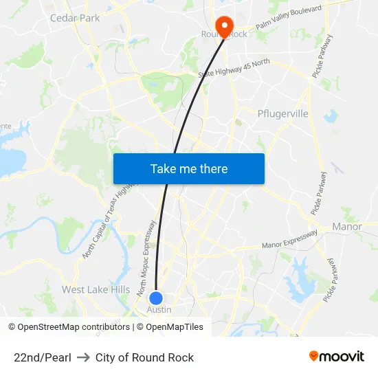 22nd/Pearl to City of Round Rock map