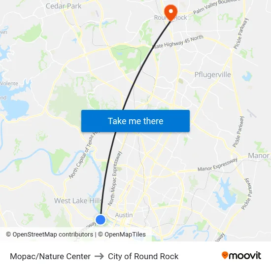 Mopac/Nature Center to City of Round Rock map