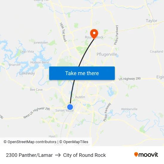 2300 Panther/Lamar to City of Round Rock map