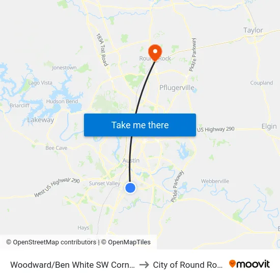 Woodward/Ben White SW Corner to City of Round Rock map