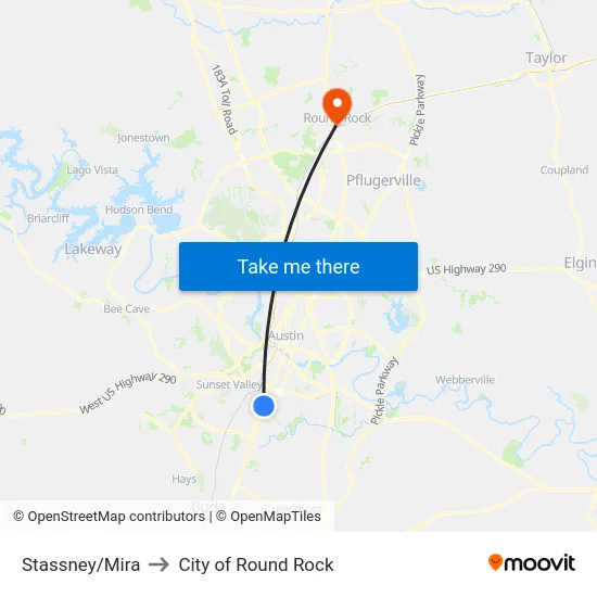 Stassney/Mira to City of Round Rock map