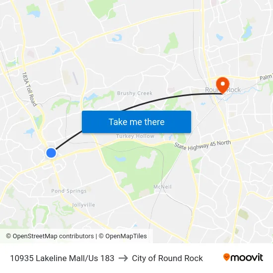 10935 Lakeline Mall/Us 183 to City of Round Rock map