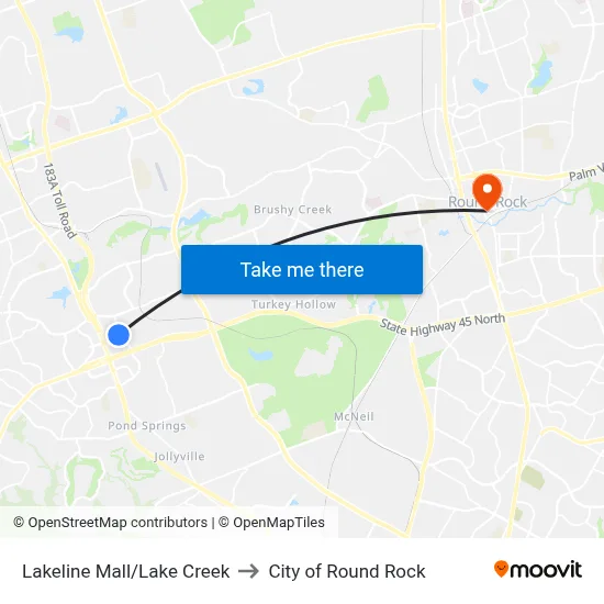 Lakeline Mall/Lake Creek to City of Round Rock map