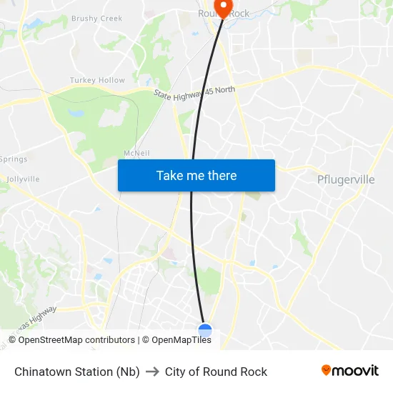 Chinatown Station (Nb) to City of Round Rock map