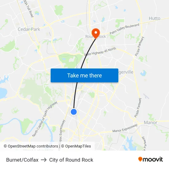 Burnet/Colfax to City of Round Rock map