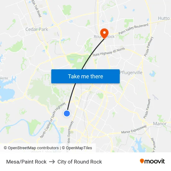 Mesa/Paint Rock to City of Round Rock map