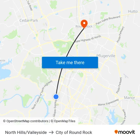 North Hills/Valleyside to City of Round Rock map