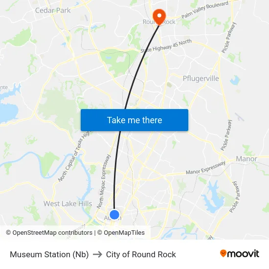 Museum Station (Nb) to City of Round Rock map