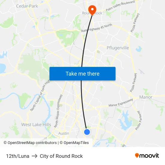 12th/Luna to City of Round Rock map