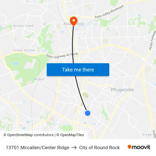 13701 Mccallen/Center Ridge to City of Round Rock map