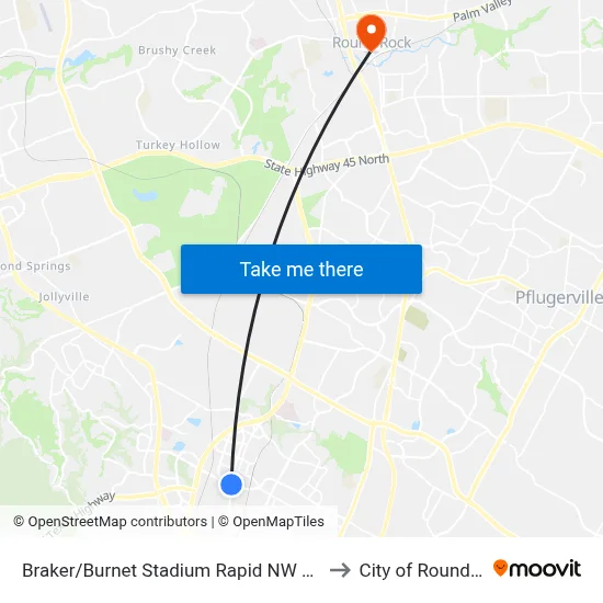 Braker/Burnet Stadium Rapid NW Corner (Sb) to City of Round Rock map