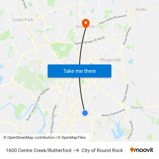 1600 Centre Creek/Rutherford to City of Round Rock map