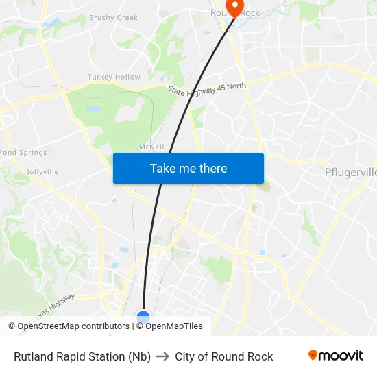 Rutland Rapid Station (Nb) to City of Round Rock map