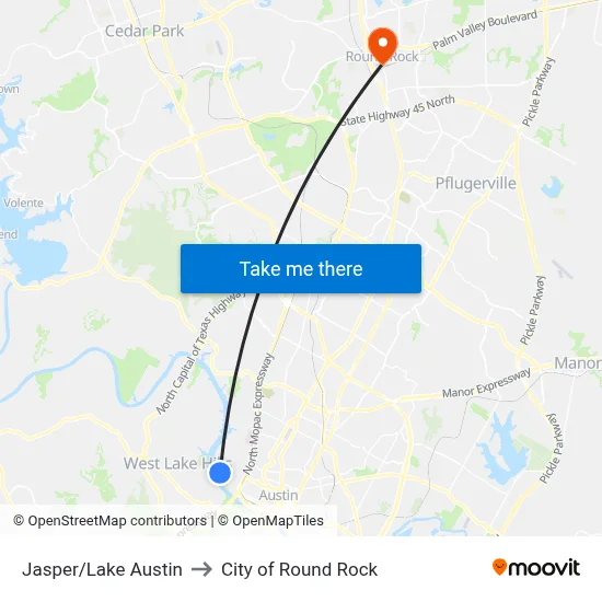 Jasper/Lake Austin to City of Round Rock map