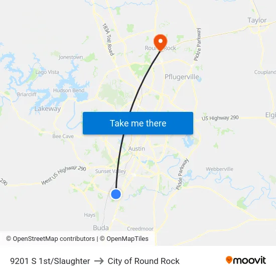 9201 S 1st/Slaughter to City of Round Rock map