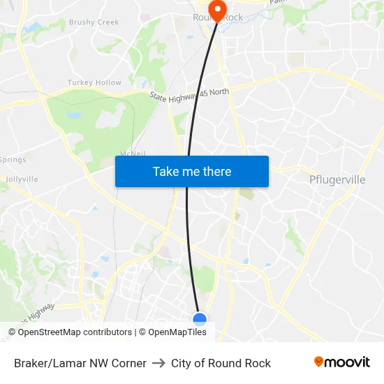 Braker/Lamar NW Corner to City of Round Rock map