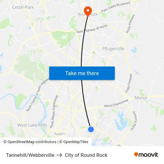 Tannehill/Webberville to City of Round Rock map