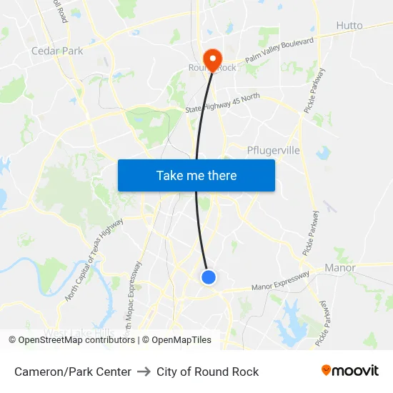Cameron/Park Center to City of Round Rock map