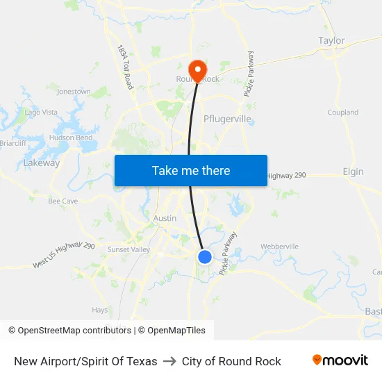 New Airport/Spirit Of Texas to City of Round Rock map