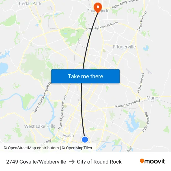 2749 Govalle/Webberville to City of Round Rock map