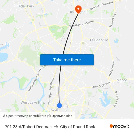 701 23rd/Robert Dedman to City of Round Rock map