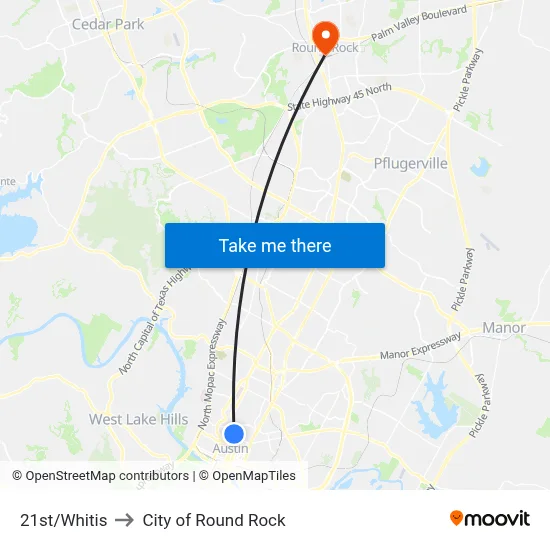 21st/Whitis to City of Round Rock map