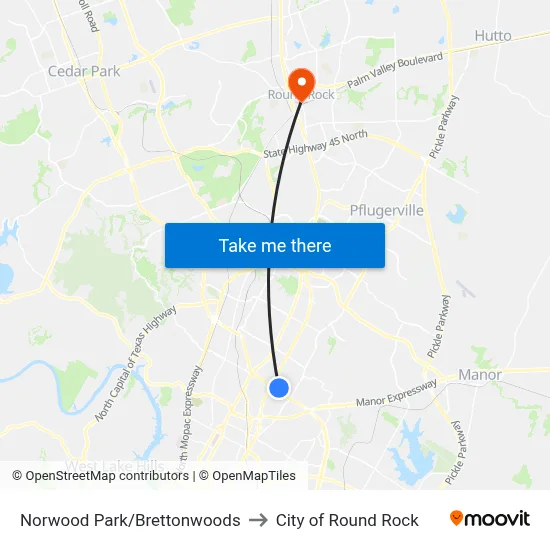 Norwood Park/Brettonwoods to City of Round Rock map