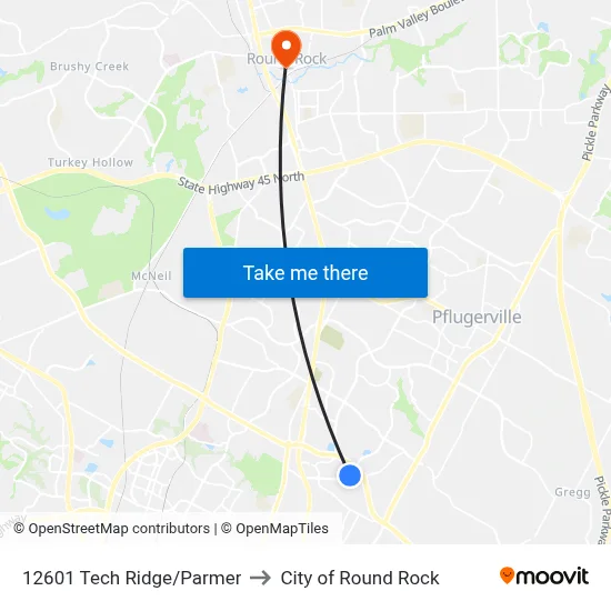 12601 Tech Ridge/Parmer to City of Round Rock map