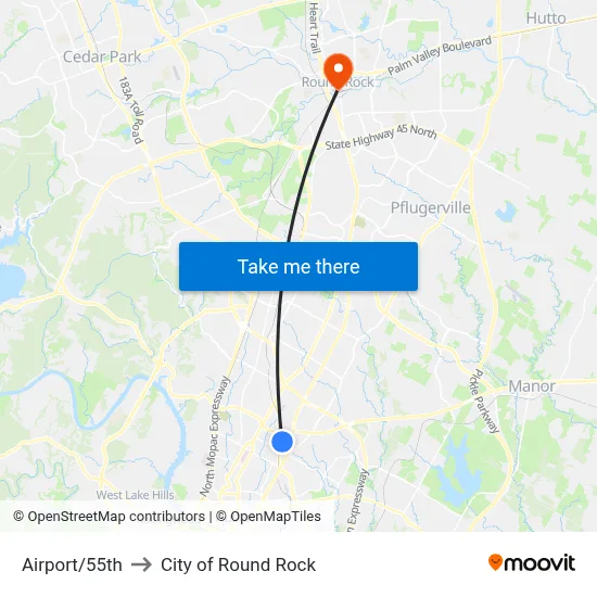 Airport/55th to City of Round Rock map