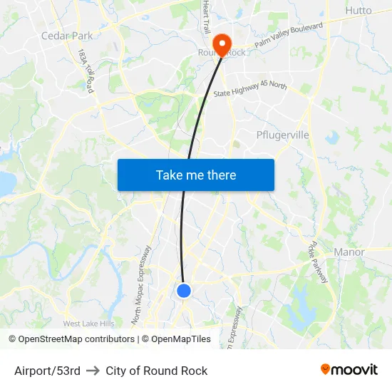 Airport/53rd to City of Round Rock map